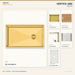 Crauf Vertice 4880 PVD Altın 80×48 cm Evye + Vertice 4050 PVD Altın Batarya 6 Parça Premium Set