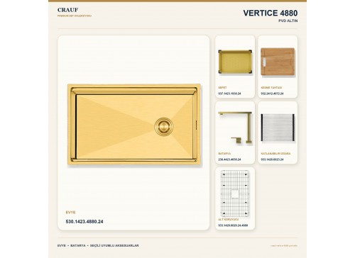 Crauf Vertice 4880 PVD Altın 80×48 cm Evye + Vertice 4050 PVD Altın Batarya 6 Parça Premium Set