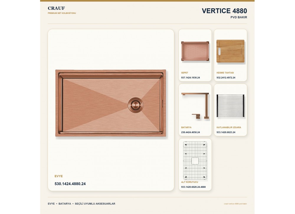 Crauf Vertice 4880 PVD Bakır 80×48 cm Evye + Vertice 4050 PVD Bakır Batarya 6 Parça Premium Set Crauf Vertice 4880 PVD Bakır 80×48 cm Evye + Vertice 4050 PVD Bakır Batarya 6 Parça Premium Set