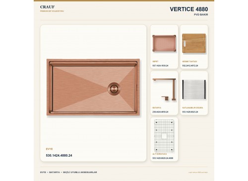 Crauf Vertice 4880 PVD Bakır 80×48 cm Evye + Vertice 4050 PVD Bakır Batarya 6 Parça Premium Set