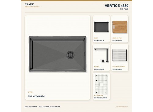 Crauf Vertice 4880 PVD Füme 80×48 cm Evye + Vertice 4050 PVD Füme Batarya 6 Parça Premium Set