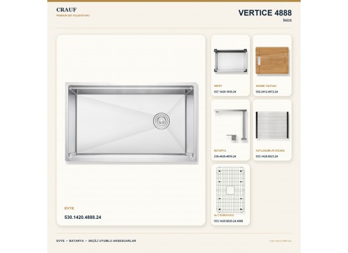 Crauf Vertice 4888 İnox 88×48 cm Evye + Vertice 4050 Çelik Batarya 6 Parça Premium Set