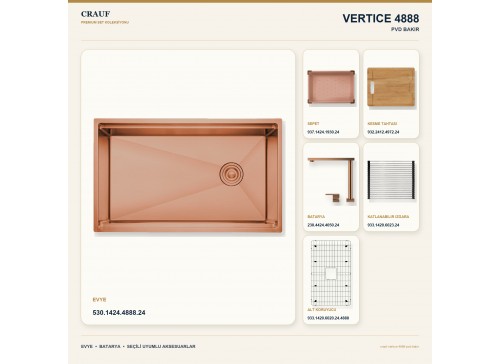 Crauf Vertice 4888 PVD Bakır 88×48 cm Evye + Vertice 4050 PVD Bakır Batarya 6 Parça Premium Set
