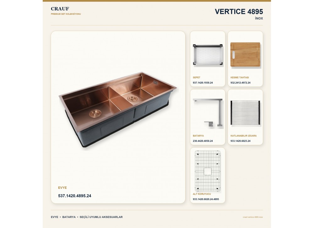 Crauf Vertice 4895 İnox 95×48 cm Evye + Vertice 4050 Çelik Batarya 6 Parça Premium Set Crauf Vertice 4895 İnox 95×48 cm Evye + Vertice 4050 Çelik Batarya 6 Parça Premium Set