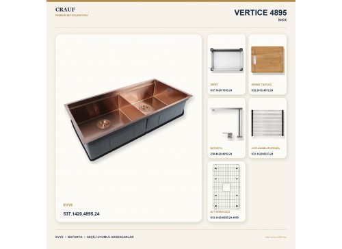 Crauf Vertice 4895 İnox 95×48 cm Evye + Vertice 4050 Çelik Batarya 6 Parça Premium Set