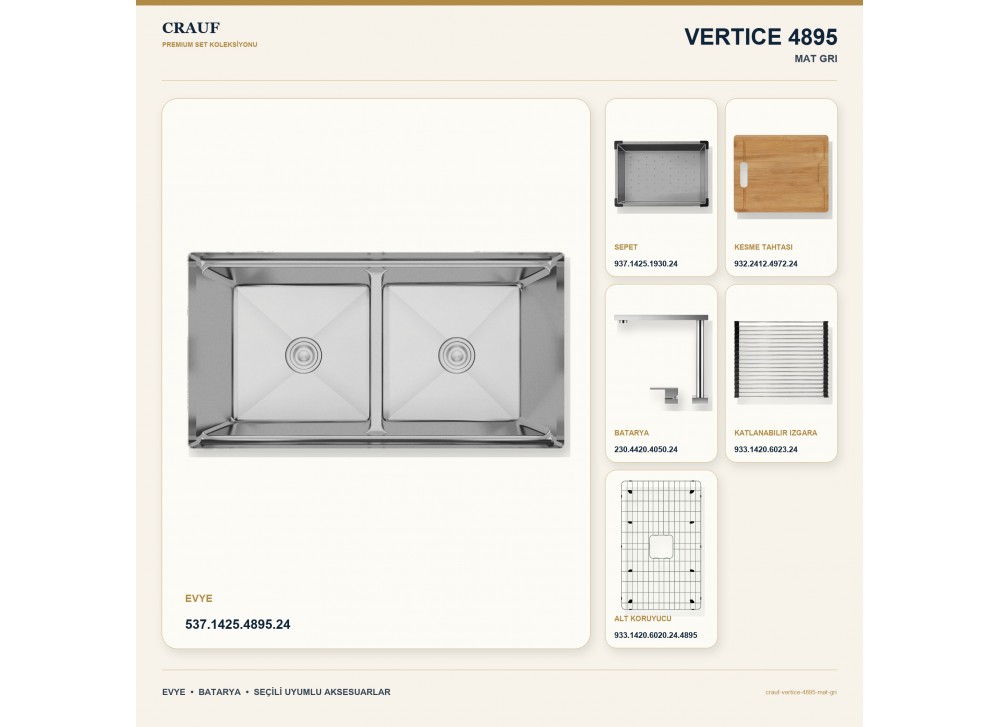 Crauf Vertice 4895 Mat Gri 95×48 cm Evye + Vertice 4050 Çelik (Mat Gri evye için nötr alternatif) Batarya 6 Parça Set Crauf Vertice 4895 Mat Gri 95×48 cm Evye + Vertice 4050 Çelik (Mat Gri evye için nötr alternatif) Batarya 6 Parça Set