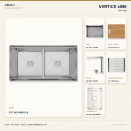 Crauf Vertice 4895 Mat Gri 95×48 cm Evye + Vertice 4050 Çelik (Mat Gri evye için nötr alternatif) Batarya 6 Parça Set