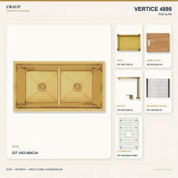 Crauf Vertice 4895 PVD Altın 95×48 cm Evye + Vertice 4050 PVD Altın Batarya 6 Parça Premium Set
