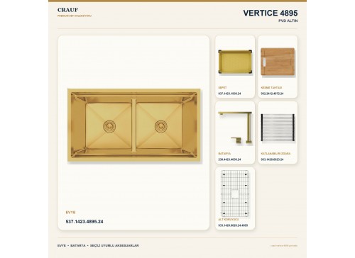 Crauf Vertice 4895 PVD Altın 95×48 cm Evye + Vertice 4050 PVD Altın Batarya 6 Parça Premium Set