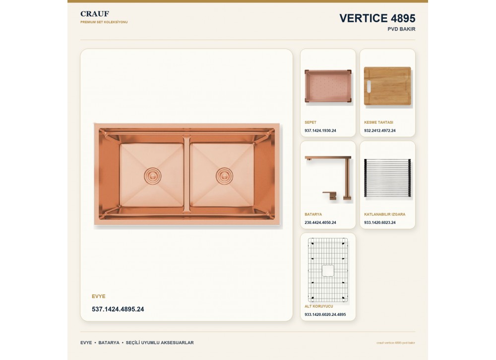 Crauf Vertice 4895 PVD Bakır 95×48 cm Evye + Vertice 4050 PVD Bakır Batarya 6 Parça Premium Set Crauf Vertice 4895 PVD Bakır 95×48 cm Evye + Vertice 4050 PVD Bakır Batarya 6 Parça Premium Set