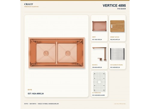 Crauf Vertice 4895 PVD Bakır 95×48 cm Evye + Vertice 4050 PVD Bakır Batarya 6 Parça Premium Set