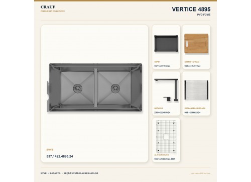 Crauf Vertice 4895 PVD Füme 95×48 cm Evye + Vertice 4050 PVD Füme Batarya 6 Parça Premium Set