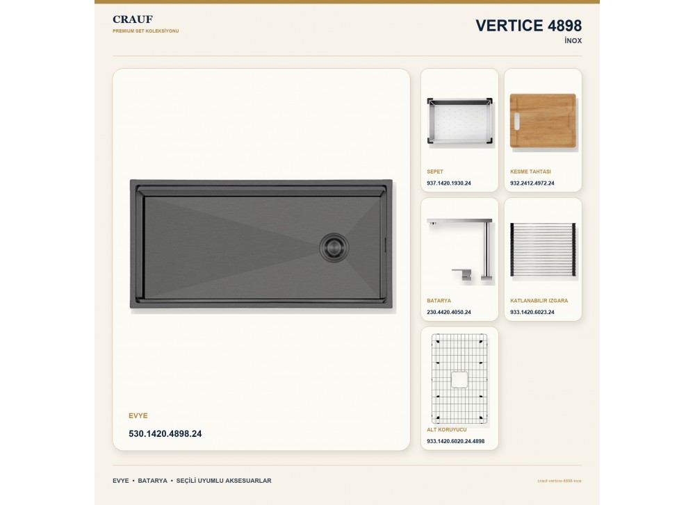 Crauf Vertice 4898 İnox 98×48 cm Evye + Vertice 4050 Çelik Batarya 6 Parça Premium Set Crauf Vertice 4898 İnox 98×48 cm Evye + Vertice 4050 Çelik Batarya 6 Parça Premium Set