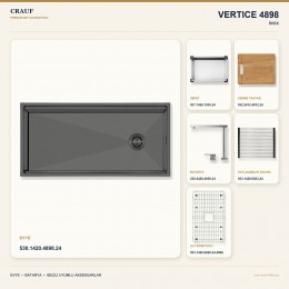 Crauf Vertice 4898 İnox 98×48 cm Evye + Vertice 4050 Çelik Batarya 6 Parça Premium Set