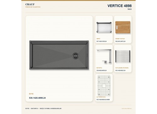 Crauf Vertice 4898 İnox 98×48 cm Evye + Vertice 4050 Çelik Batarya 6 Parça Premium Set