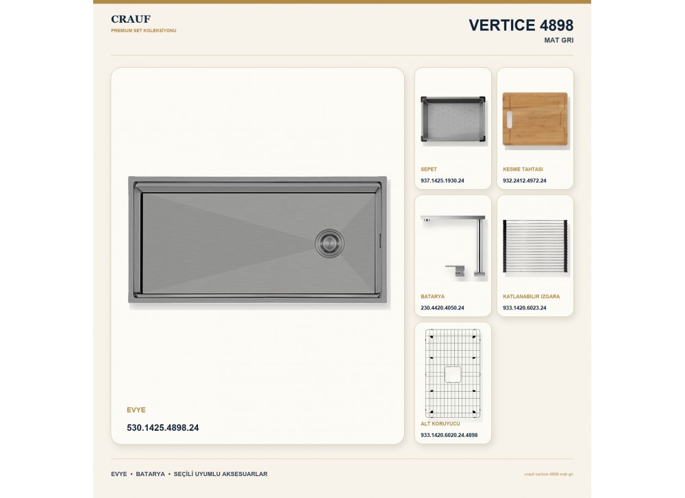 Crauf Vertice 4898 Mat Gri 98×48 cm Evye + Vertice 4050 Çelik (Mat Gri evye için nötr alternatif) Batarya 6 Parça Set Crauf Vertice 4898 Mat Gri 98×48 cm Evye + Vertice 4050 Çelik (Mat Gri evye için nötr alternatif) Batarya 6 Parça Set