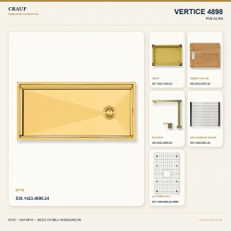 Crauf Vertice 4898 PVD Altın 98×48 cm Evye + Vertice 4050 PVD Altın Batarya 6 Parça Premium Set