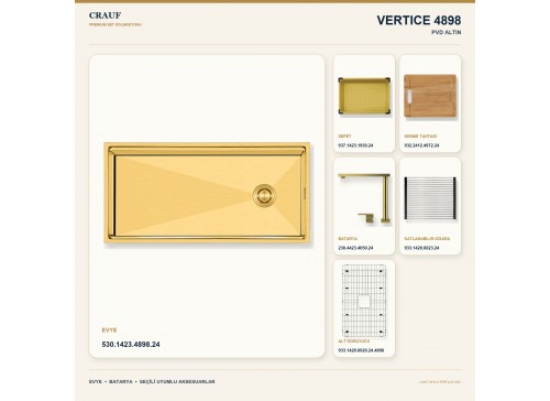 Crauf Vertice 4898 PVD Altın 98×48 cm Evye + Vertice 4050 PVD Altın Batarya 6 Parça Premium Set