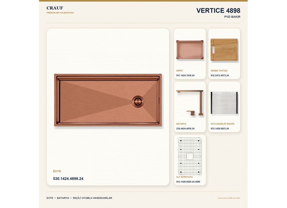 Crauf Vertice 4898 PVD Bakır 98×48 cm Evye + Vertice 4050 PVD Bakır Batarya 6 Parça Premium Set Crauf Vertice 4898 PVD Bakır 98×48 cm Evye + Vertice 4050 PVD Bakır Batarya 6 Parça Premium Set