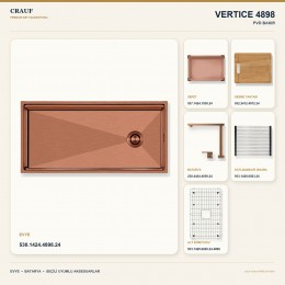 Crauf Vertice 4898 PVD Bakır 98×48 cm Evye + Vertice 4050 PVD Bakır Batarya 6 Parça Premium Set