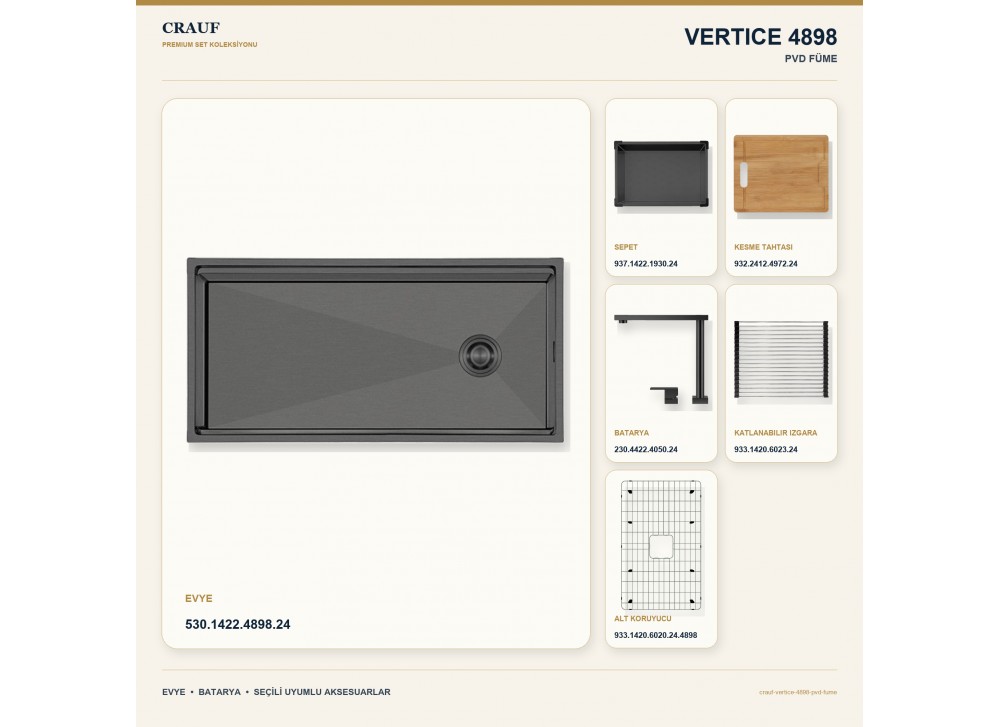Crauf Vertice 4898 PVD Füme 98×48 cm Evye + Vertice 4050 PVD Füme Batarya 6 Parça Premium Set