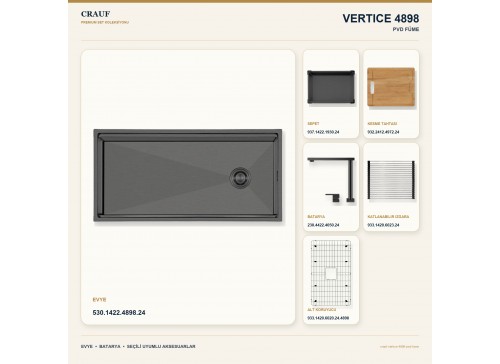 Crauf Vertice 4898 PVD Füme 98×48 cm Evye + Vertice 4050 PVD Füme Batarya 6 Parça Premium Set