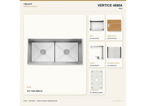 Crauf Vertice 4898A İnox 98×48 cm Evye + Vertice 4050 Çelik Batarya 6 Parça Premium Set