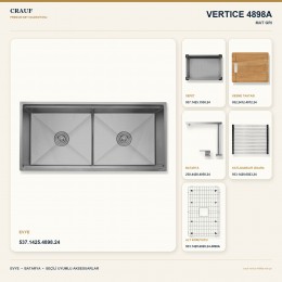 Crauf Vertice 4898A Mat Gri 98×48 cm Evye + Vertice 4050 Çelik (Mat Gri evye için nötr alternatif) Batarya 6 Parça Set
