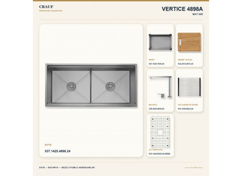Crauf Vertice 4898A Mat Gri 98×48 cm Evye + Vertice 4050 Çelik (Mat Gri evye için nötr alternatif) Batarya 6 Parça Set
