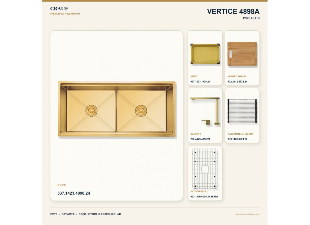 Crauf Vertice 4898A PVD Altın 98×48 cm Evye + Vertice 4050 PVD Altın Batarya 6 Parça Premium Set Crauf Vertice 4898A PVD Altın 98×48 cm Evye + Vertice 4050 PVD Altın Batarya 6 Parça Premium Set