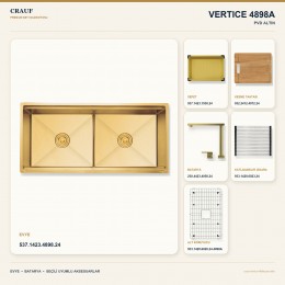 Crauf Vertice 4898A PVD Altın 98×48 cm Evye + Vertice 4050 PVD Altın Batarya 6 Parça Premium Set
