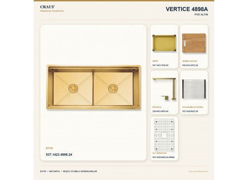 Crauf Vertice 4898A PVD Altın 98×48 cm Evye + Vertice 4050 PVD Altın Batarya 6 Parça Premium Set