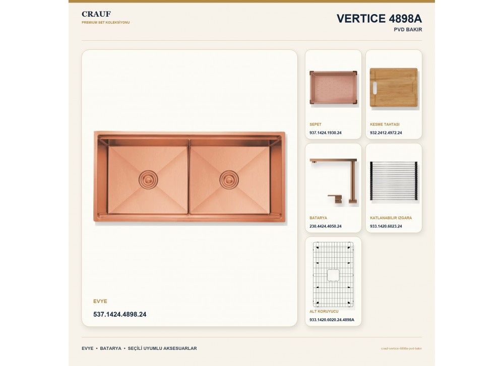 Crauf Vertice 4898A PVD Bakır 98×48 cm Evye + Vertice 4050 PVD Bakır Batarya 6 Parça Premium Set Crauf Vertice 4898A PVD Bakır 98×48 cm Evye + Vertice 4050 PVD Bakır Batarya 6 Parça Premium Set