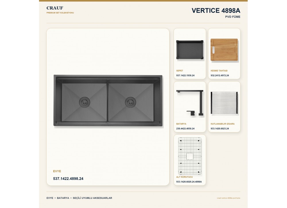 Crauf Vertice 4898A PVD Füme 98×48 cm Evye + Vertice 4050 PVD Füme Batarya 6 Parça Premium Set
