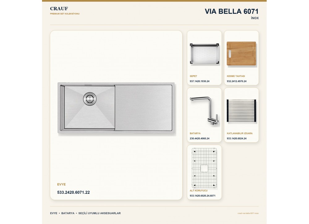 Crauf Via Bella 6071 İnox 80×45 cm Evye + Pesce 4060 Çelik Batarya 6 Parça Premium Set Crauf Via Bella 6071 İnox 80×45 cm Evye + Pesce 4060 Çelik Batarya 6 Parça Premium Set