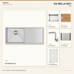 Crauf Via Bella 6071 İnox 80×45 cm Evye + Pesce 4060 Çelik Batarya 6 Parça Premium Set