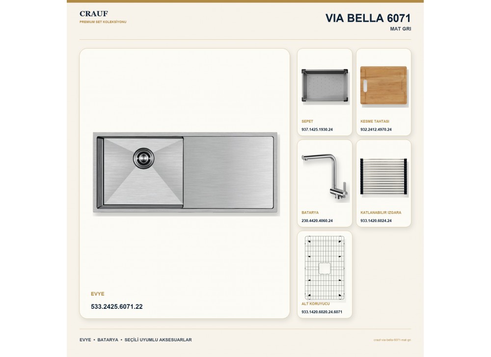 Crauf Via Bella 6071 Mat Gri Evye + Pesce 4060 Çelik Batarya 6 Parça Set