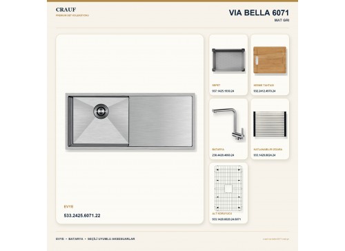 Crauf Via Bella 6071 Mat Gri Evye + Pesce 4060 Çelik Batarya 6 Parça Set