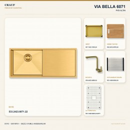 Crauf Via Bella 6071 PVD Altın 80×45 cm Evye + Pesce 4060 PVD Altın Batarya 6 Parça Premium Set