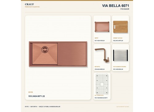 Crauf Via Bella 6071 PVD Bakır 80×45 cm Evye + Pesce 4060 PVD Bakır Batarya 6 Parça Premium Set