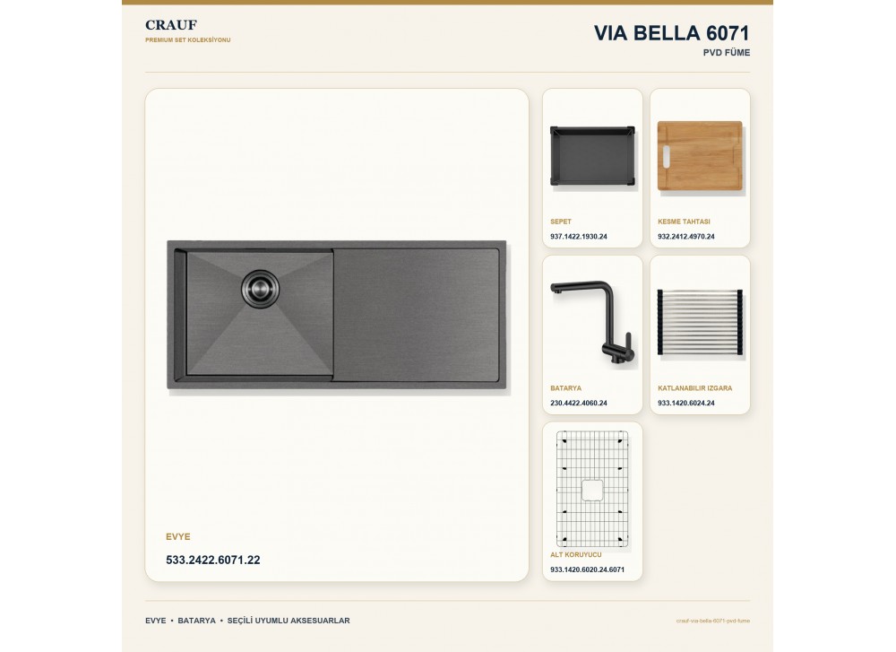 Crauf Via Bella 6071 PVD Füme 80×45 cm Evye + Pesce 4060 PVD Füme Batarya 6 Parça Premium Set Crauf Via Bella 6071 PVD Füme 80×45 cm Evye + Pesce 4060 PVD Füme Batarya 6 Parça Premium Set