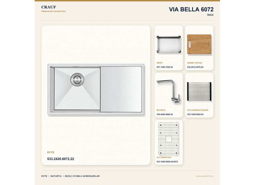Crauf Via Bella 6072 İnox 86×45 cm Evye + Pesce 4060 Çelik Batarya 6 Parça Premium Set Crauf Via Bella 6072 İnox 86×45 cm Evye + Pesce 4060 Çelik Batarya 6 Parça Premium Set