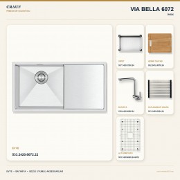 Crauf Via Bella 6072 İnox 86×45 cm Evye + Pesce 4060 Çelik Batarya 6 Parça Premium Set
