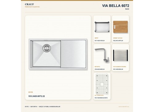 Crauf Via Bella 6072 İnox 86×45 cm Evye + Pesce 4060 Çelik Batarya 6 Parça Premium Set