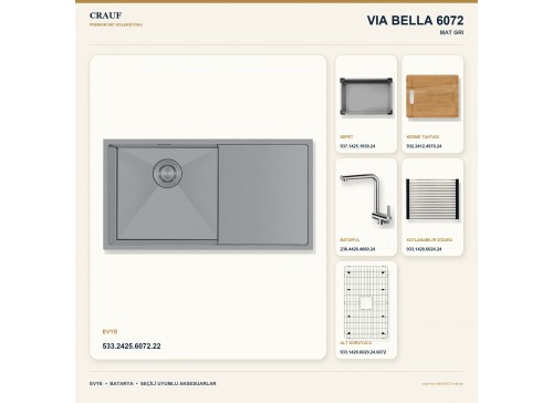 Crauf Via Bella 6072 Mat Gri Evye + Pesce 4060 Çelik Batarya 6 Parça Set