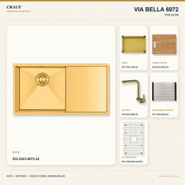 Crauf Via Bella 6072 PVD Altın 86×45 cm Evye + Pesce 4060 PVD Altın Batarya 6 Parça Premium Set