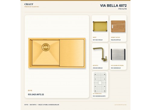Crauf Via Bella 6072 PVD Altın 86×45 cm Evye + Pesce 4060 PVD Altın Batarya 6 Parça Premium Set