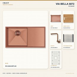 Crauf Via Bella 6072 PVD Bakır 86×45 cm Evye + Pesce 4060 PVD Bakır Batarya 6 Parça Premium Set