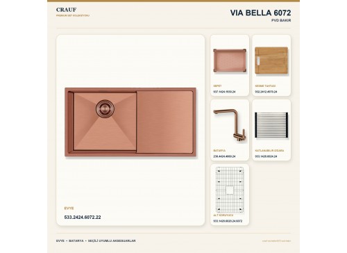 Crauf Via Bella 6072 PVD Bakır 86×45 cm Evye + Pesce 4060 PVD Bakır Batarya 6 Parça Premium Set