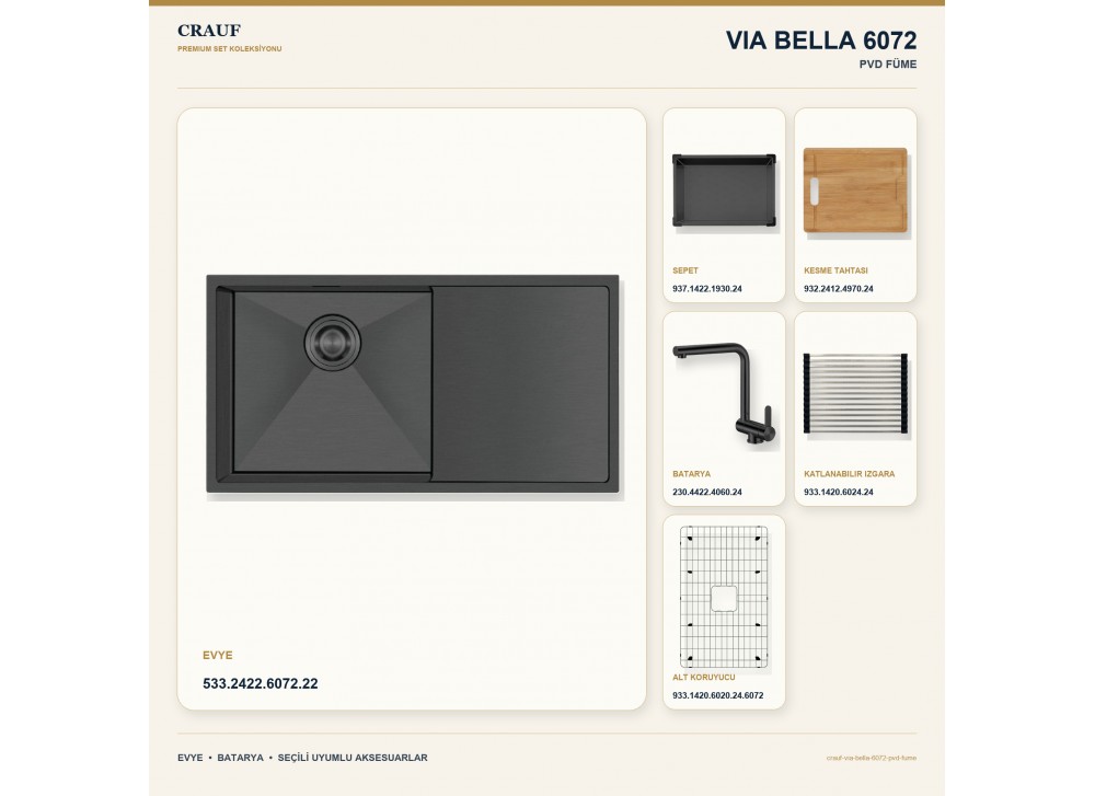 Crauf Via Bella 6072 PVD Füme 86×45 cm Evye + Pesce 4060 PVD Füme Batarya 6 Parça Premium Set Crauf Via Bella 6072 PVD Füme 86×45 cm Evye + Pesce 4060 PVD Füme Batarya 6 Parça Premium Set